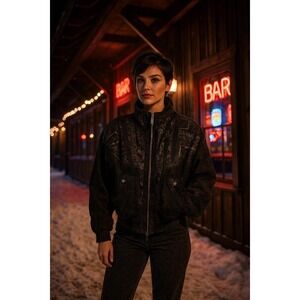 Vintage‎ Paris Sport Club Black Suede Bomber Jacket Intricate Print